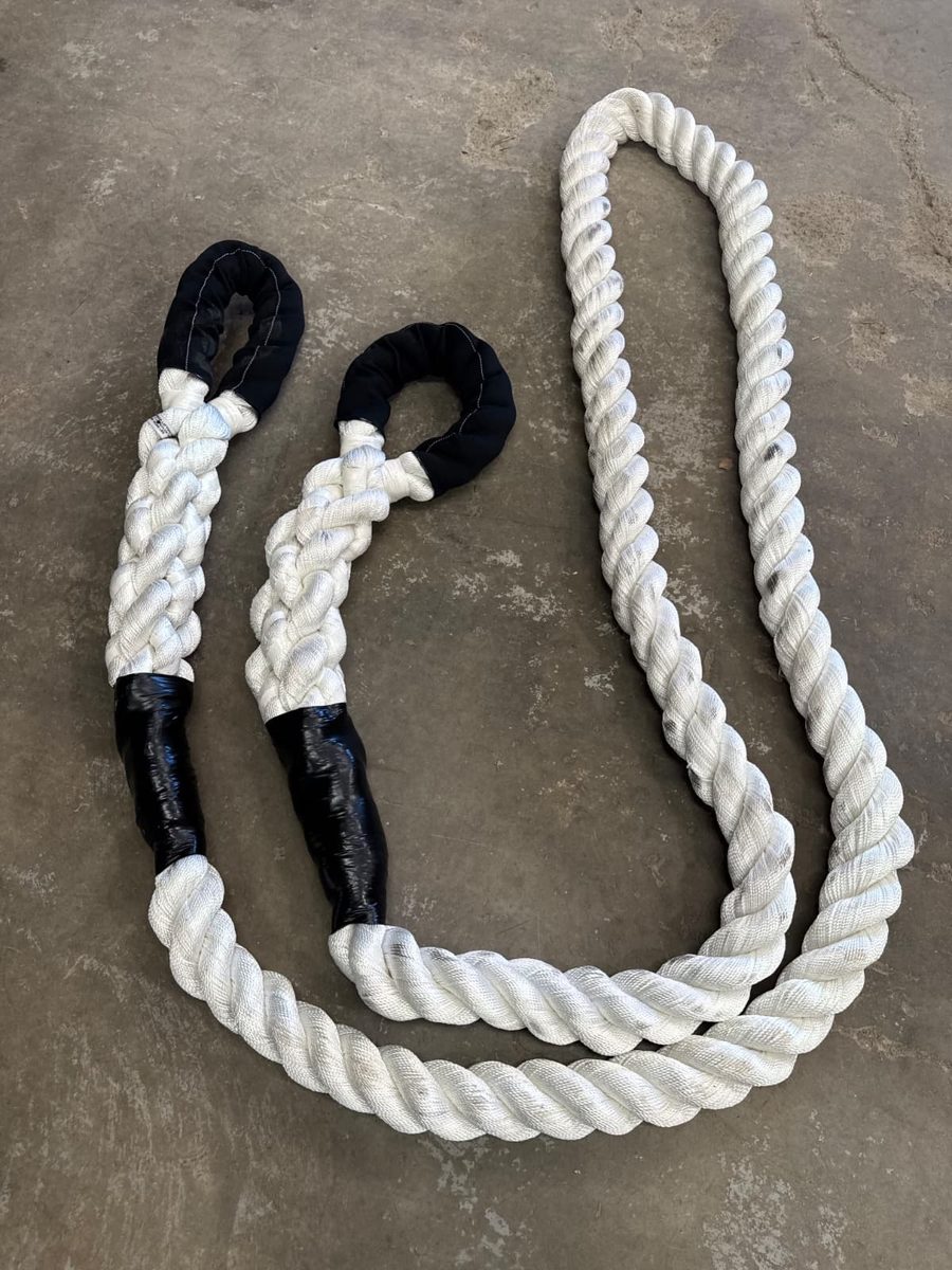 White nylon tow rope with spliced, sleeve-protected eyes at Zia Wire Rope